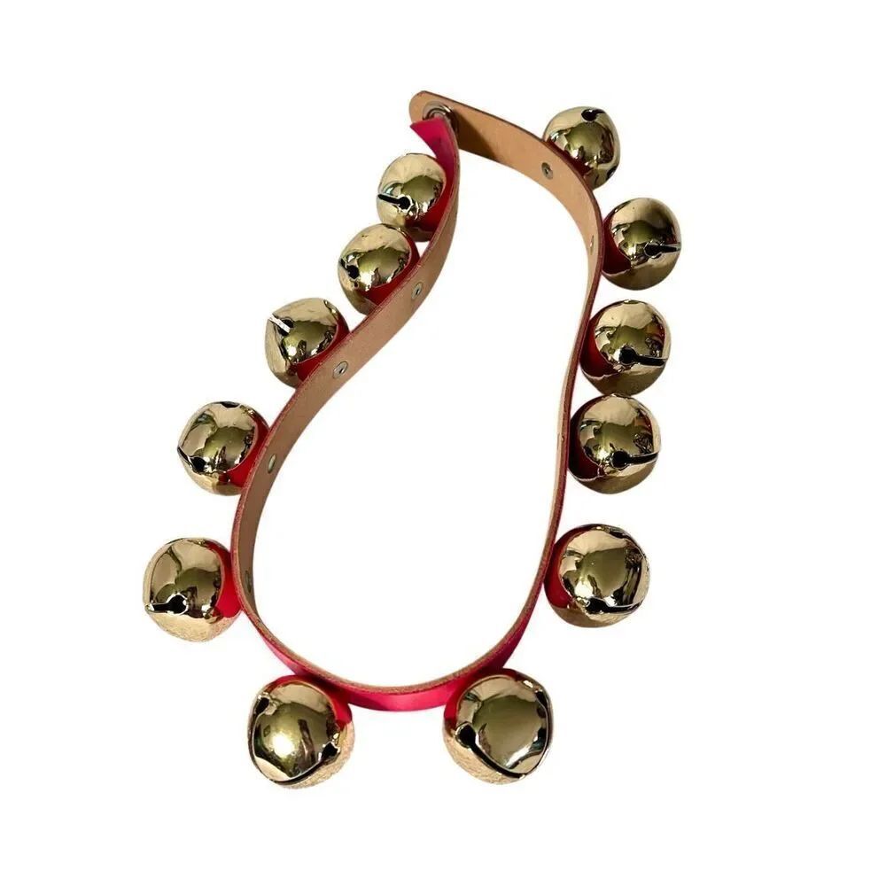 Festive Brass SLEIGH BELLS On A Red Leather Strap 27” - Picture 3 of 7